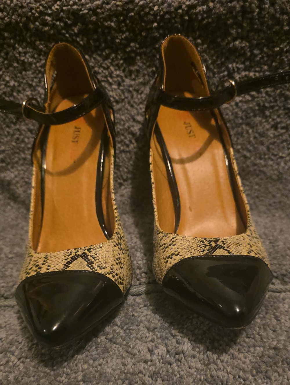 JustFab Black Patent & Beige Snake-Print Pointed Mary Jane Heels